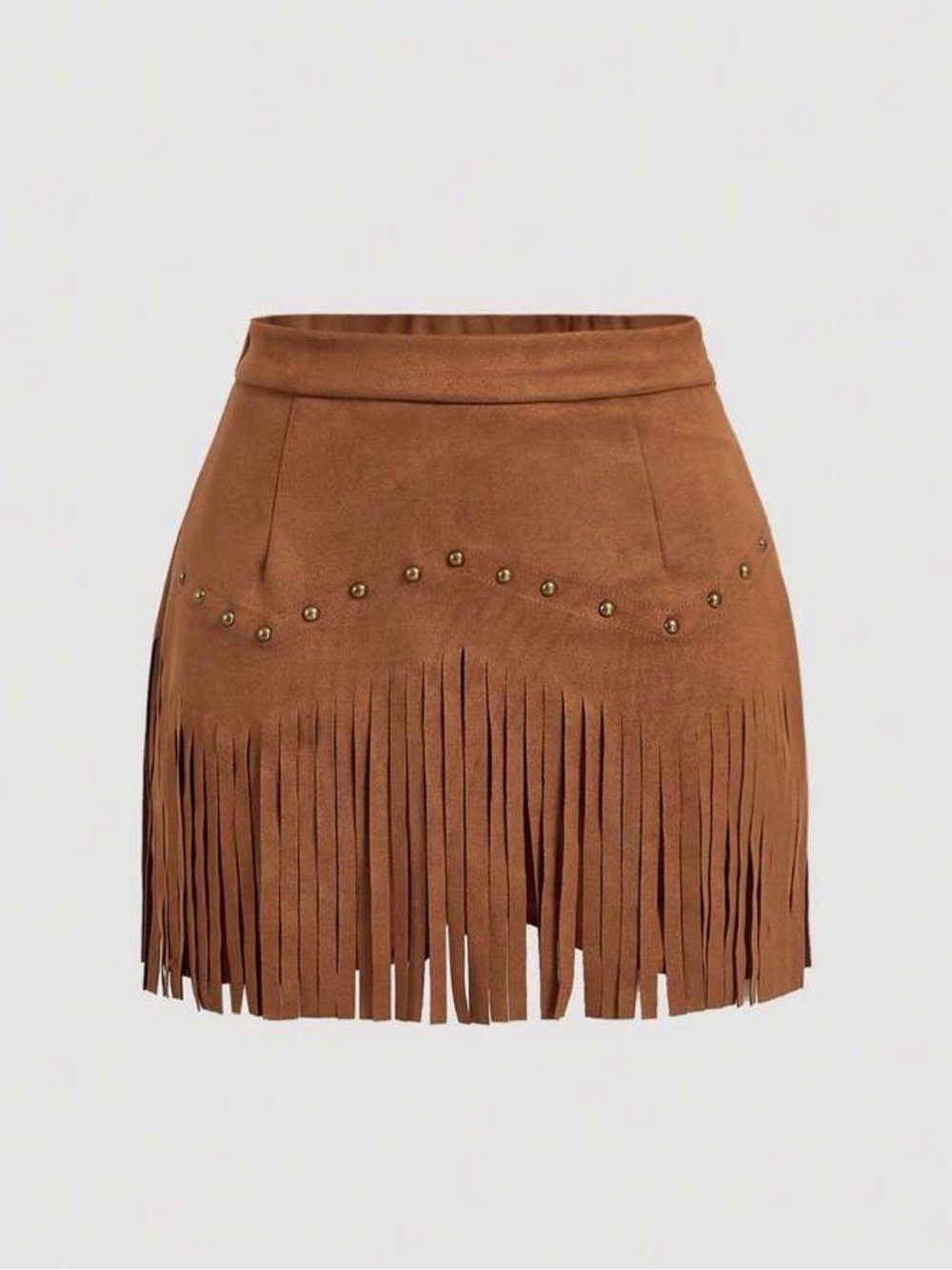 Brown Suede Fringe Mini Skirt with Stud Detail